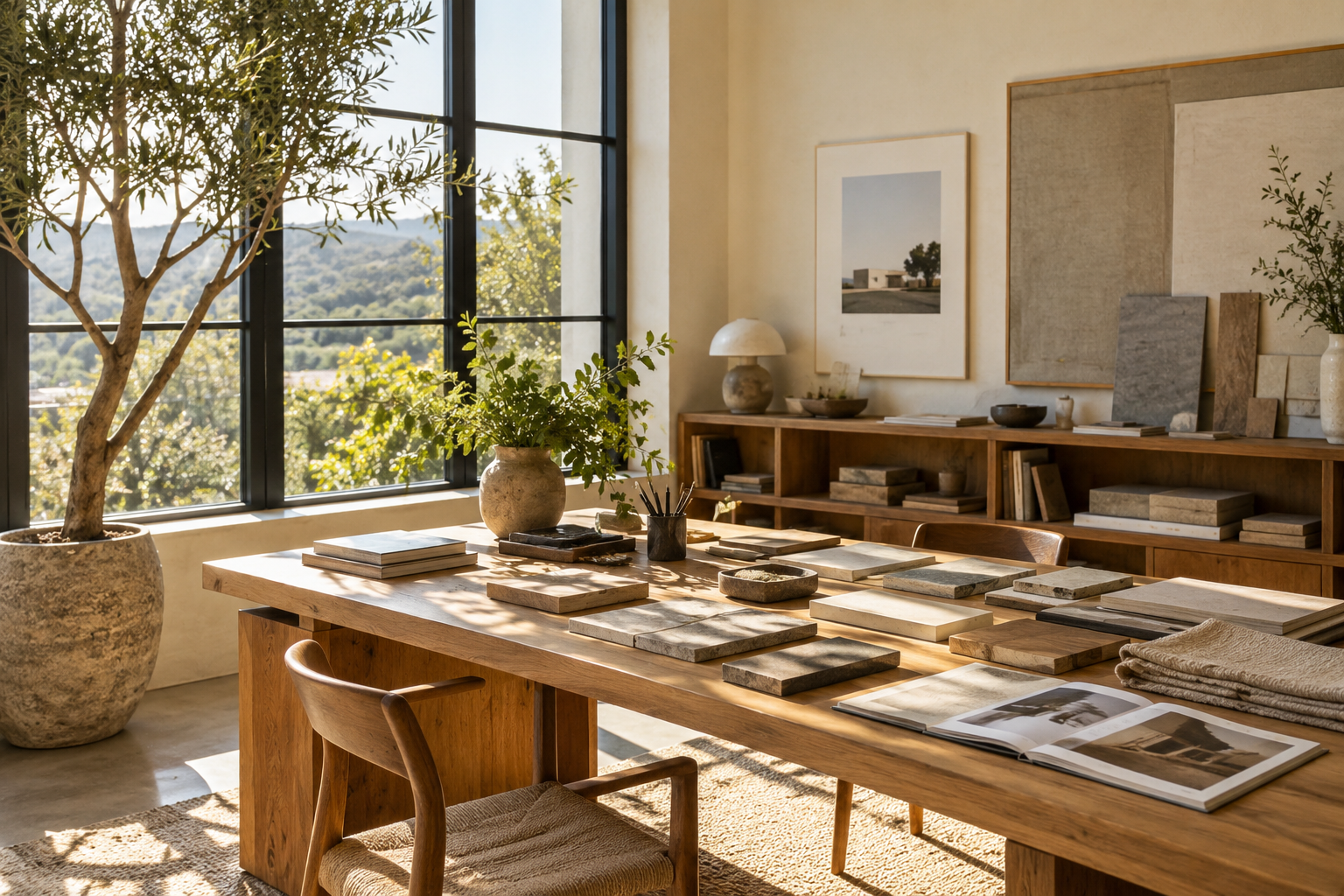 Sunlit design studio with a refined oak workspace